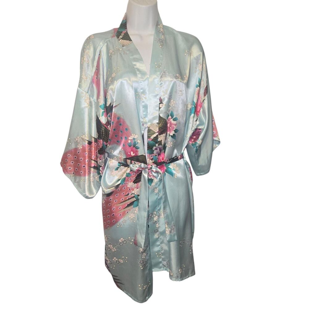 Oriental Village Womens Robe Colorful Blue Peacock Floral Kimono Satin Small/Med